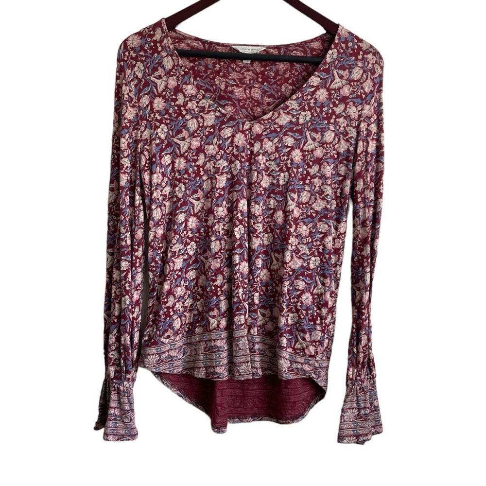 Lucky Brand Women Top S Maroon Floral Ruffle Cuff High Low Hem Cottage Grandma